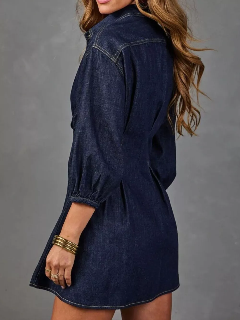 Button Down 3/4 Sleeve Denim Dress, image 5