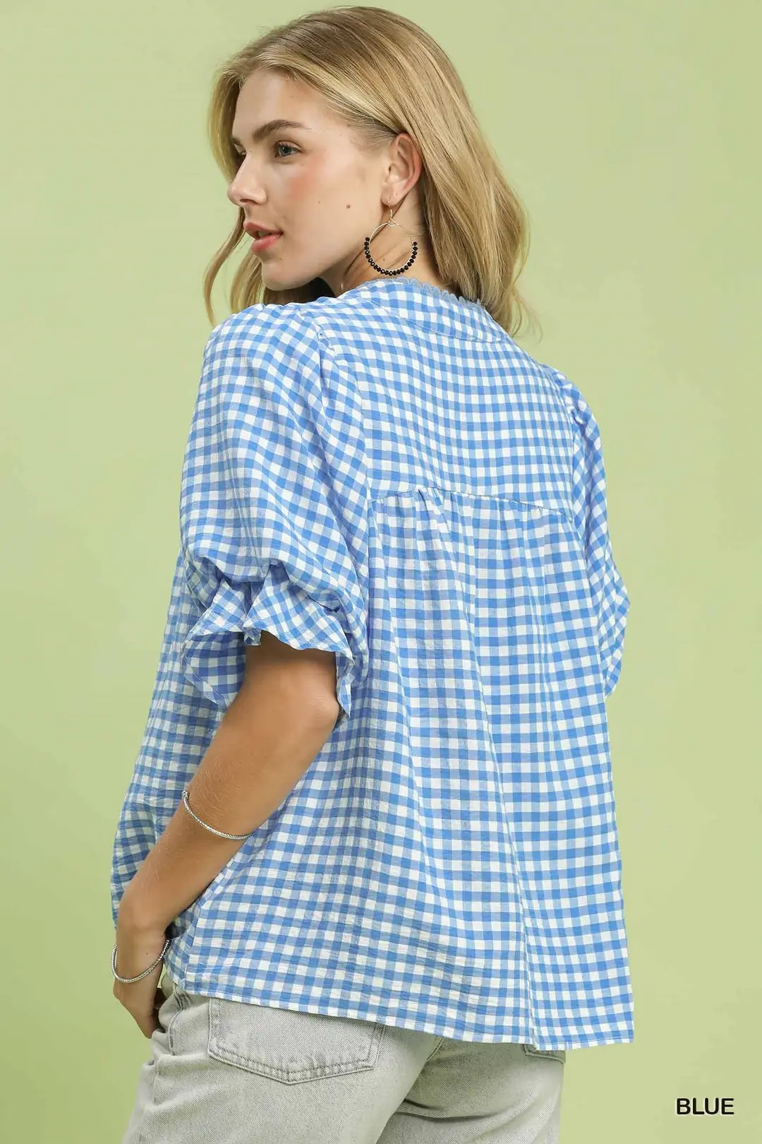 Gingham Check Blouse with Ruffle Sleeves, image 3