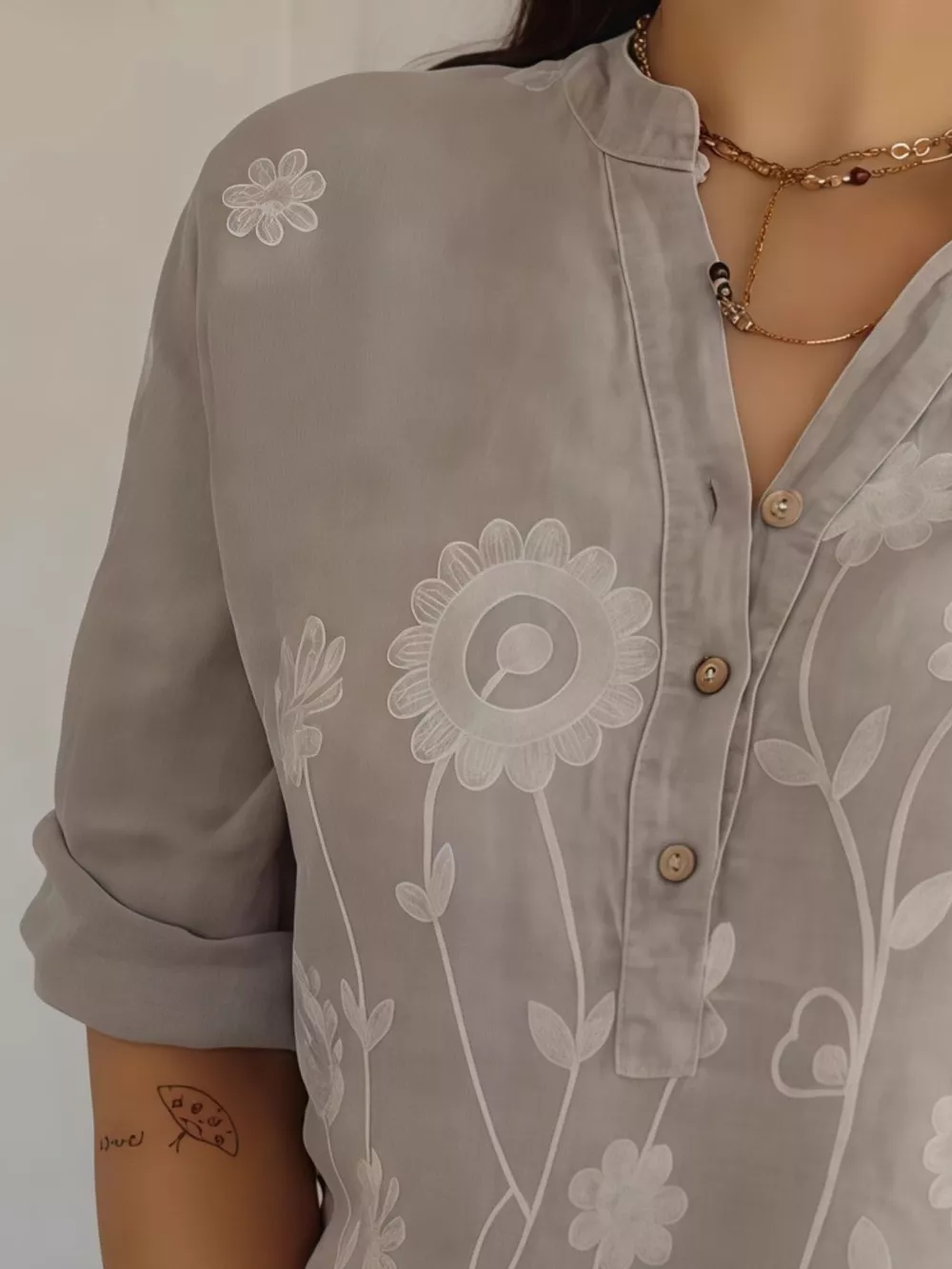 Full Size Floral Embroidered Button Detail Blouse Plus Size, image 3