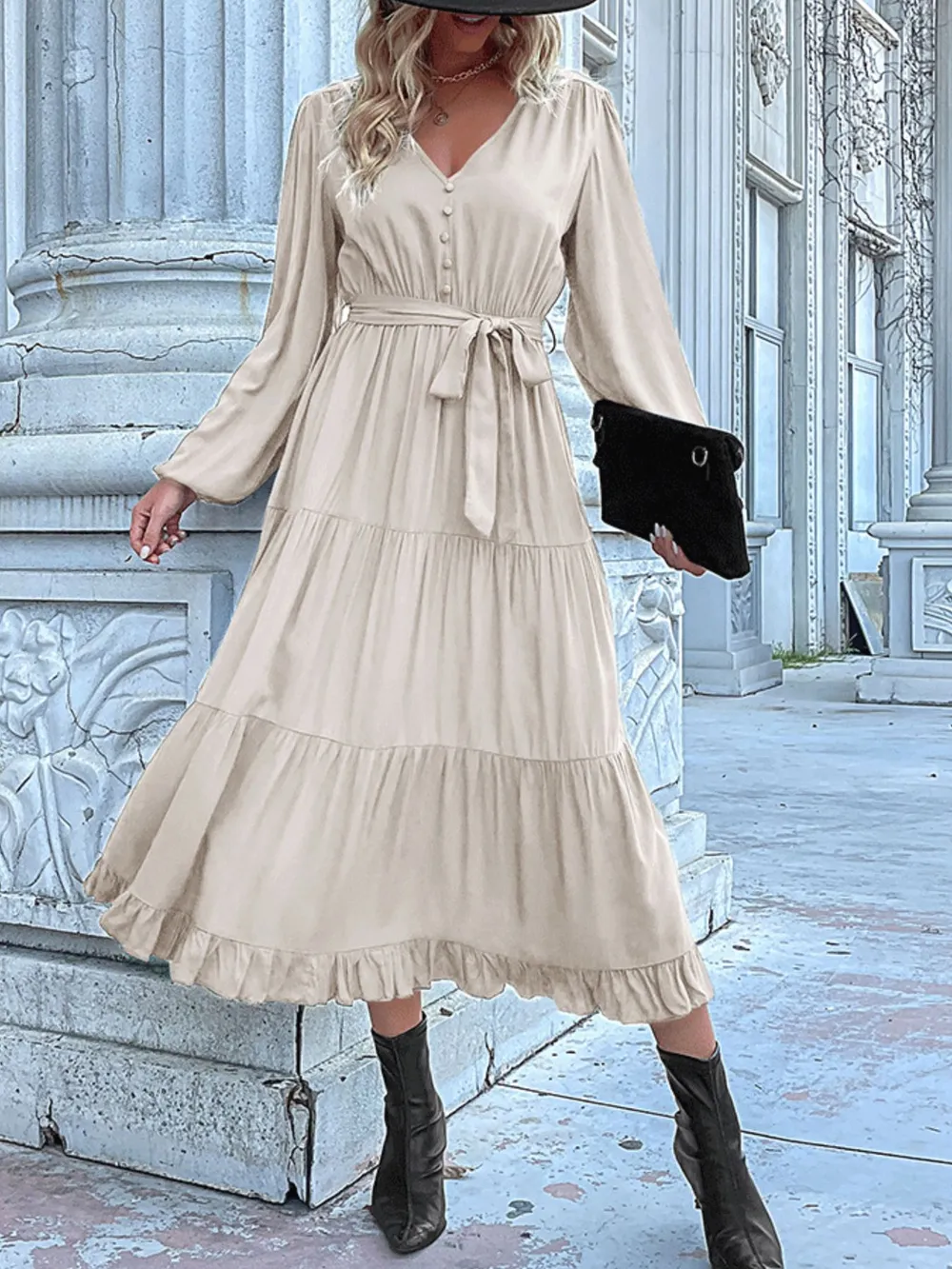 Ruffled Hem V-Neck Balloon Sleeve Dress, image 7