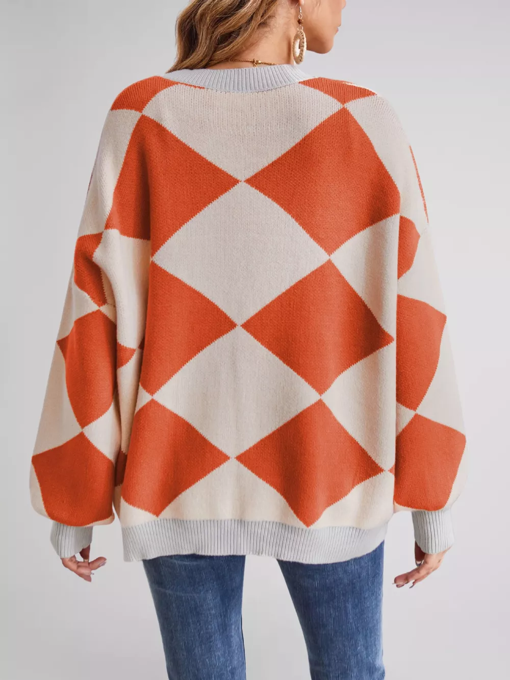 Diamond Pattern Button-Up Knit Cardigan, image 24