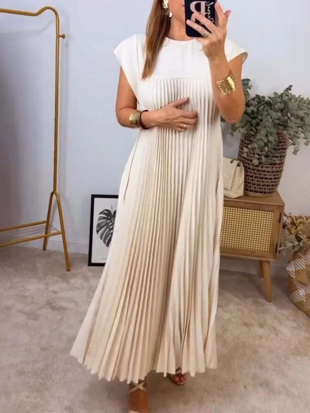 Full Size Pleated Round Neck Maxi Dress Plus Size, image 3