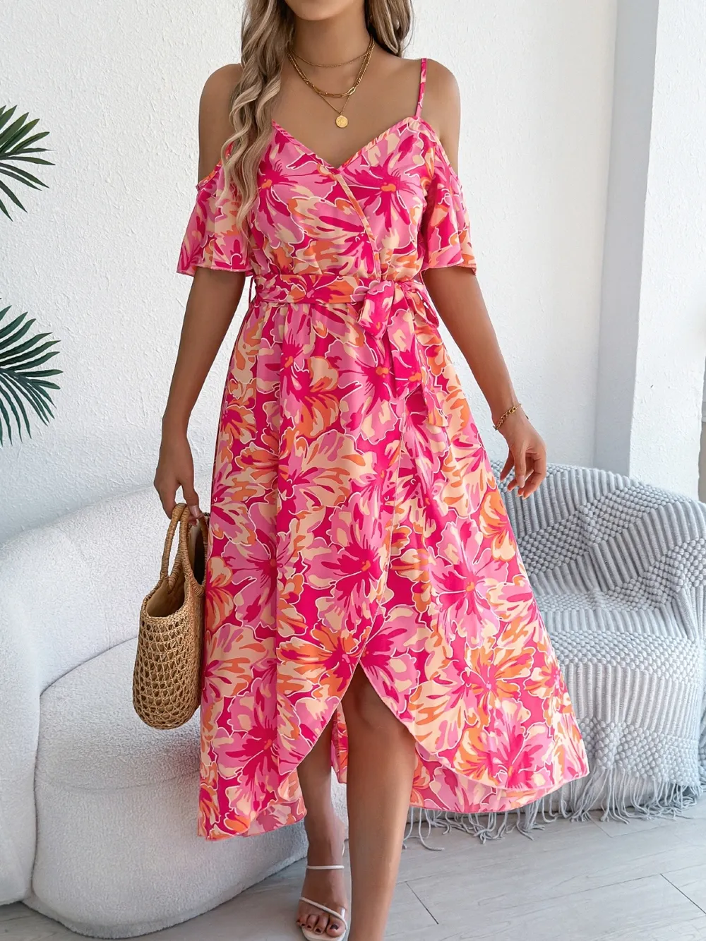 Printed Cold Shoulder Midi Cami Dress, image 4