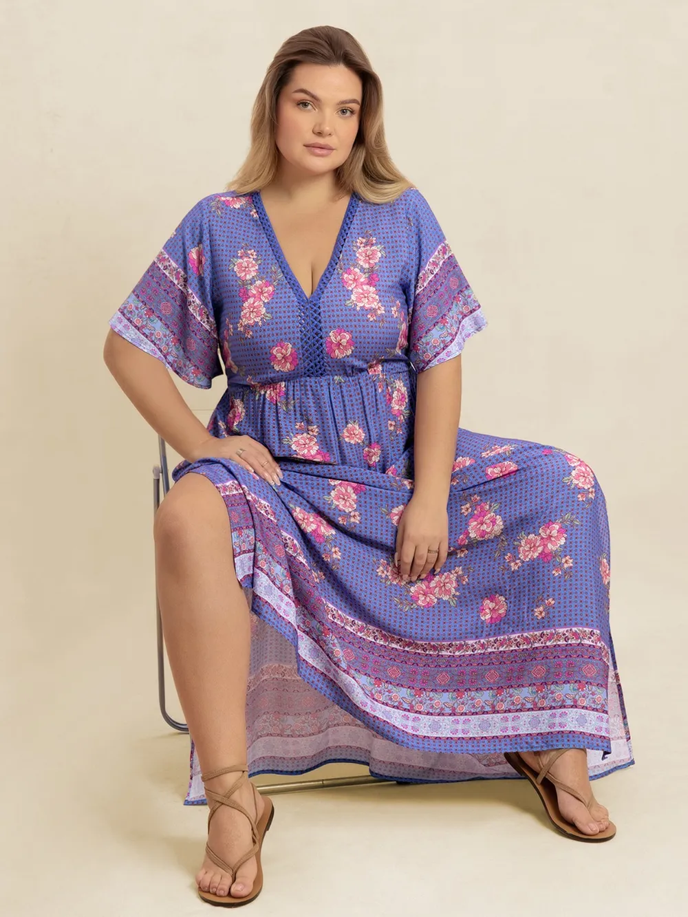 Plus Size Printed V-Neck Flutter Sleeve Dress, image 3