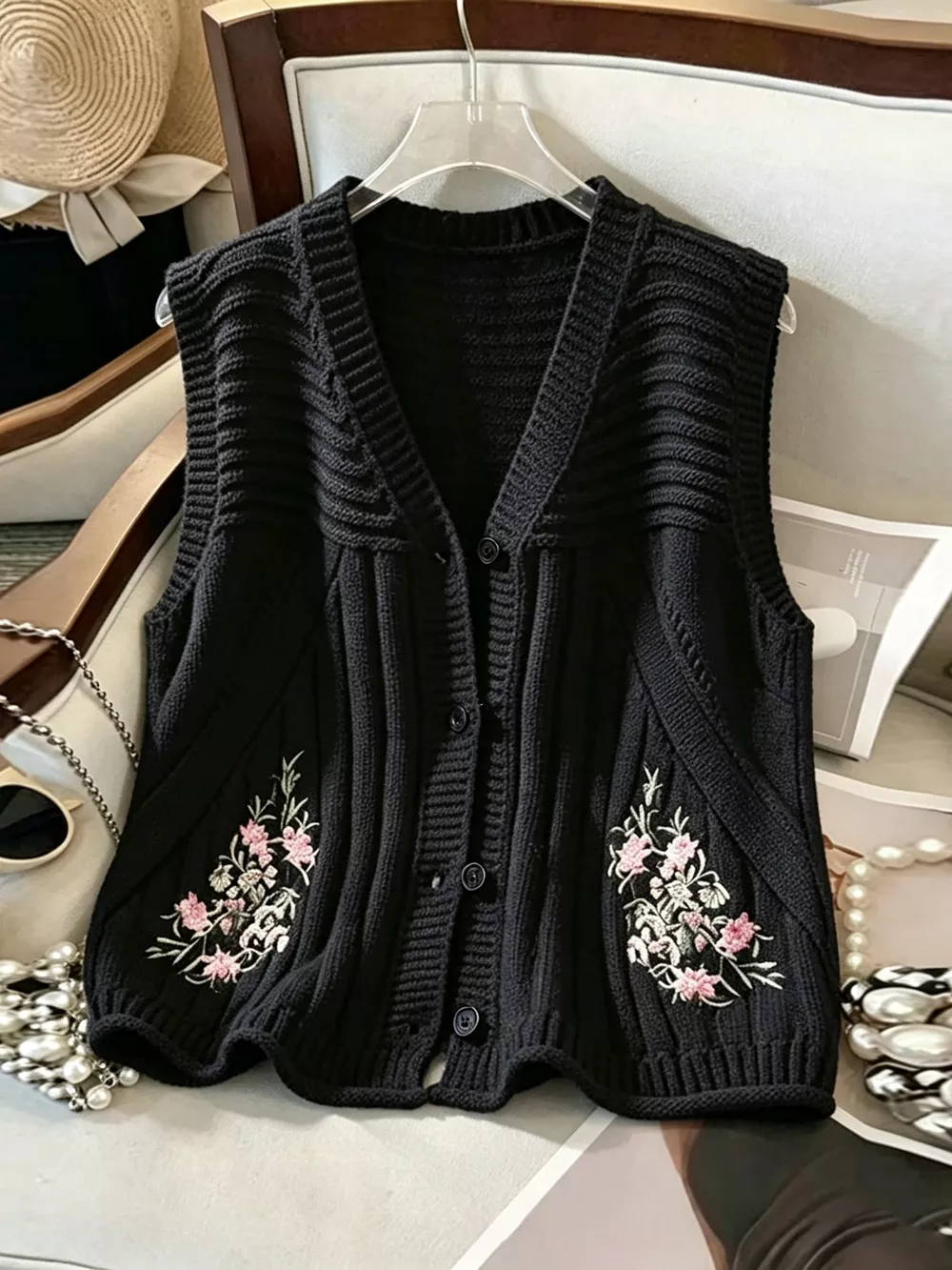 Floral Embroidered V-Neck Button-Down Sweater Vest, image 10