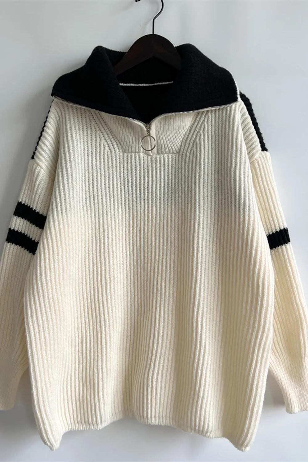 Quarter Zip Striped Dropped Shoulder Sweater, image 11