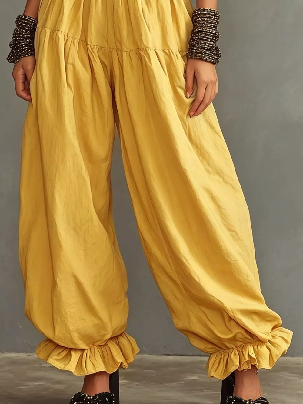Full Size Smocked Ruffle Hem Wide Leg Pants Plus Size, image 8
