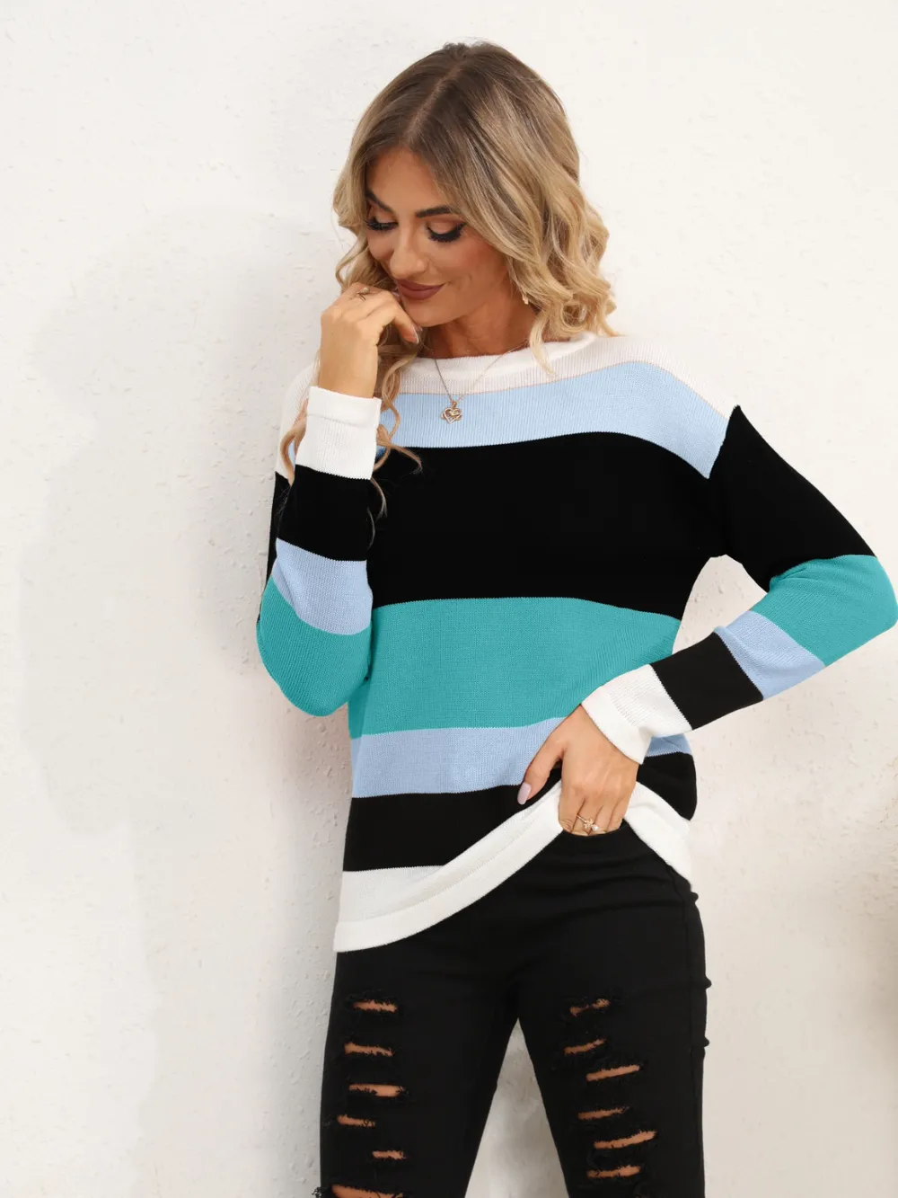 Striped Round Neck Dropped Shoulder Sweater, image 16