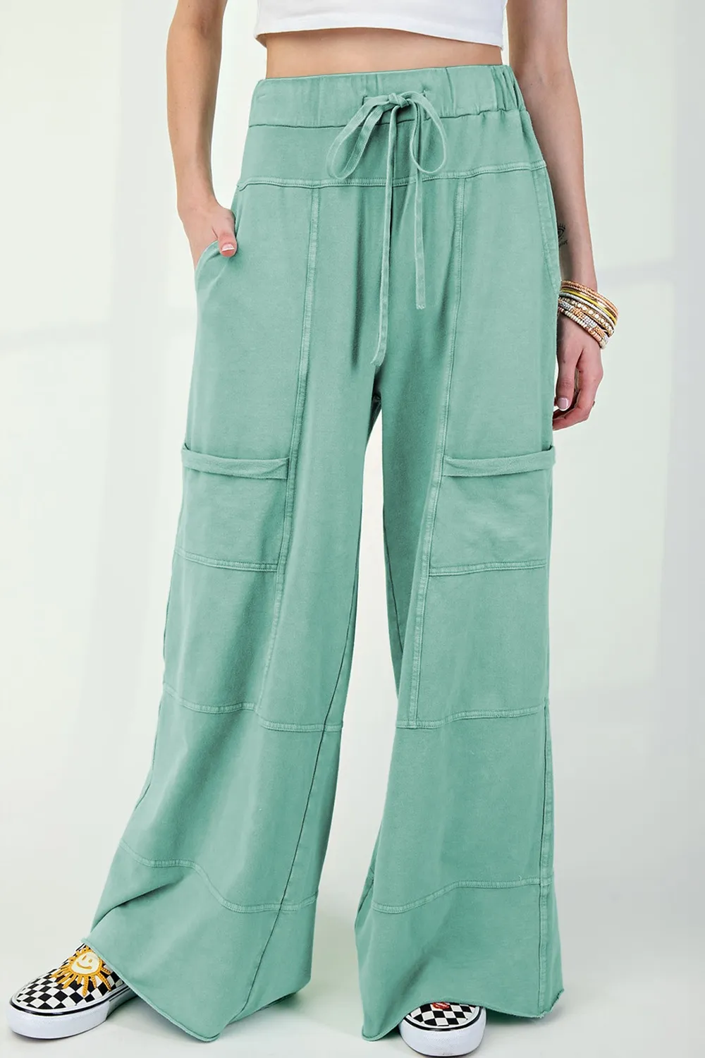 Mineral Wash Exposed Seam Drawstring High Waist Wide Leg Cargo Pants, image 5