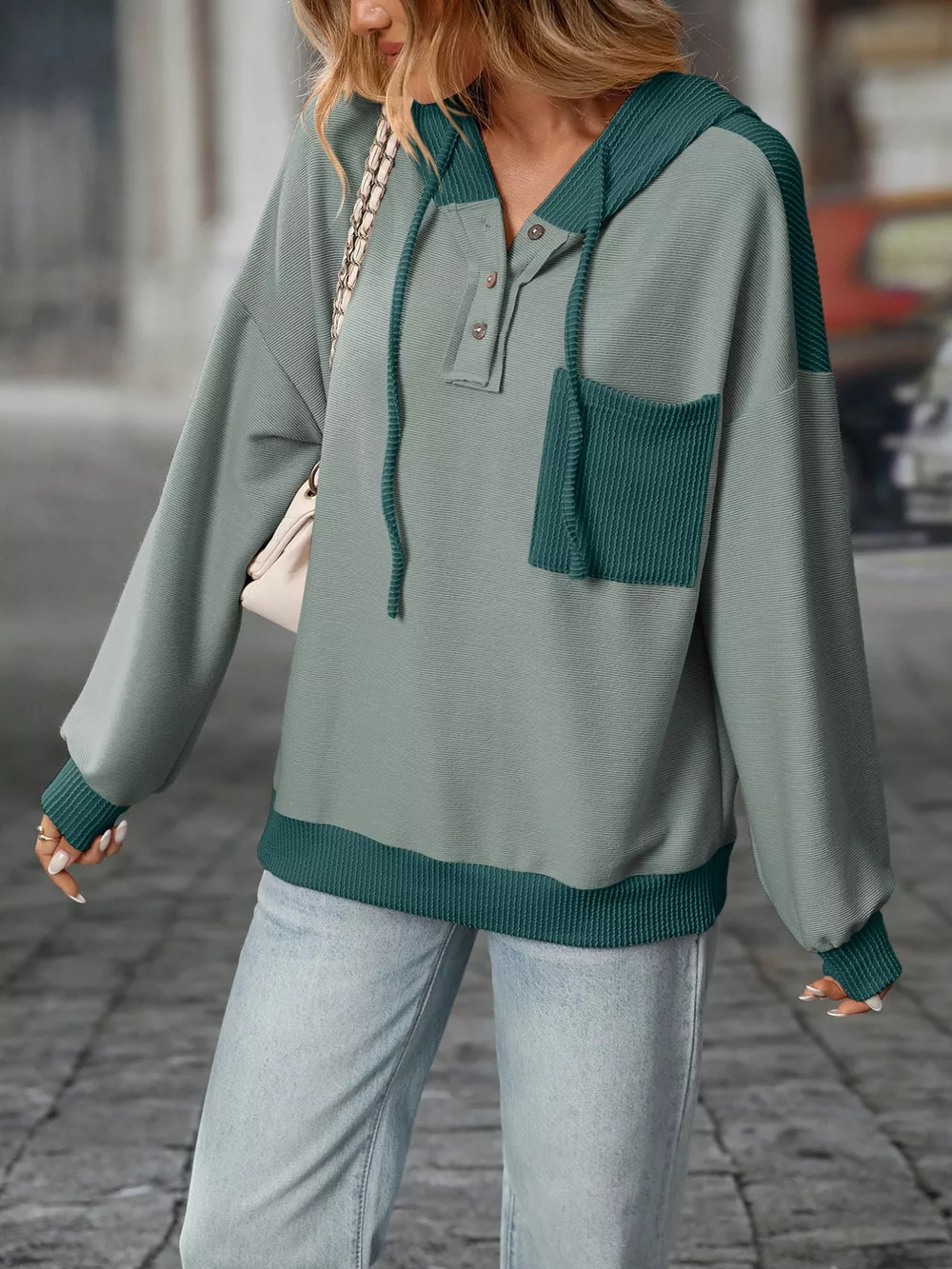 Casual Color Block Button Detail Hoodie, image 13