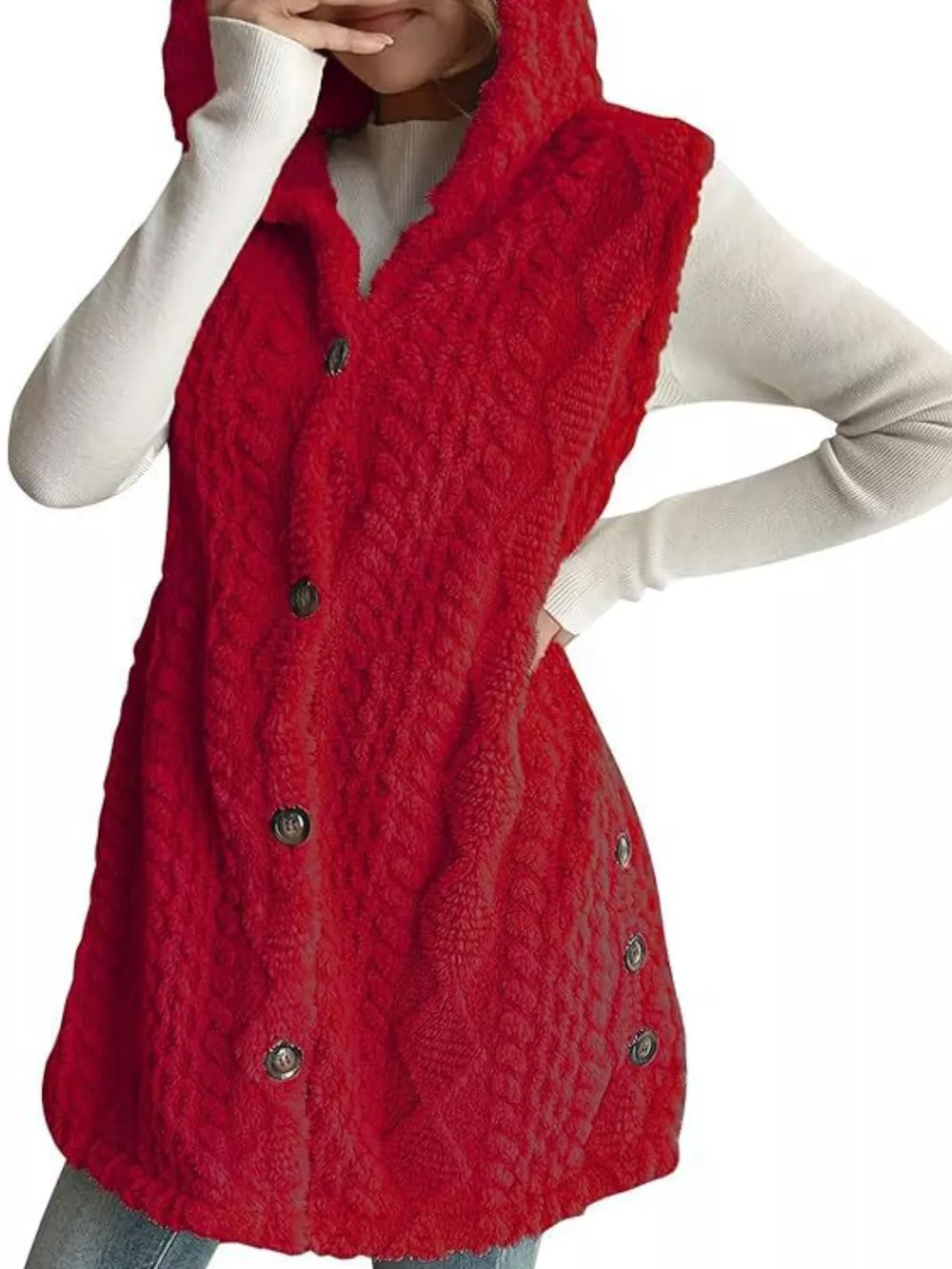 Hooded Button-Up Sherpa Vest Coat, image 7