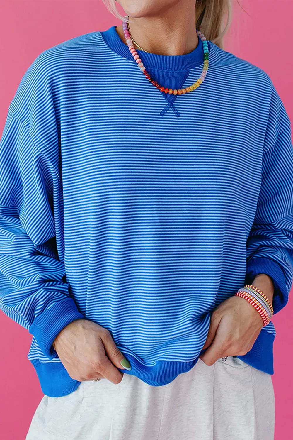 Stripe Ribbed Cuffs Hem Long Sleeve Pullover Top, image 5