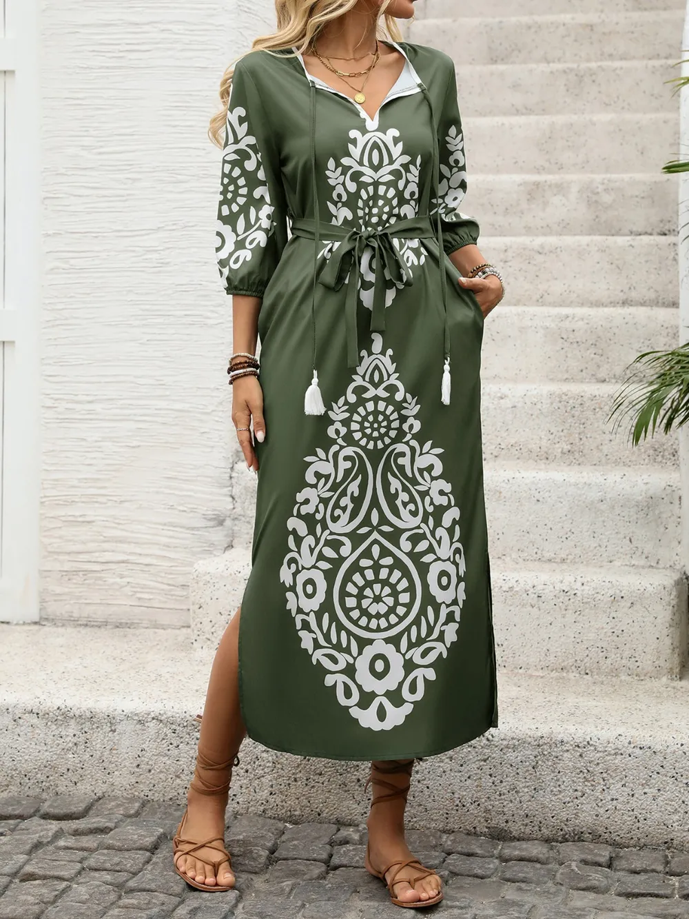 Side Slit Printed Tie Neck Dress, image 3