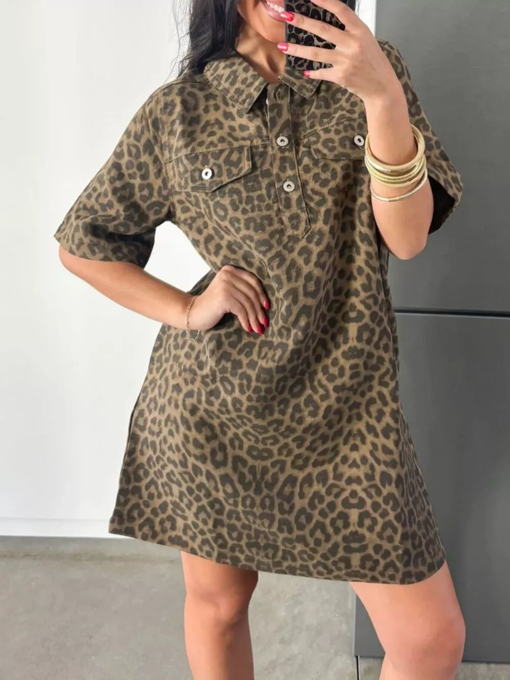 Leopard Print Short Sleeve Denim Dress