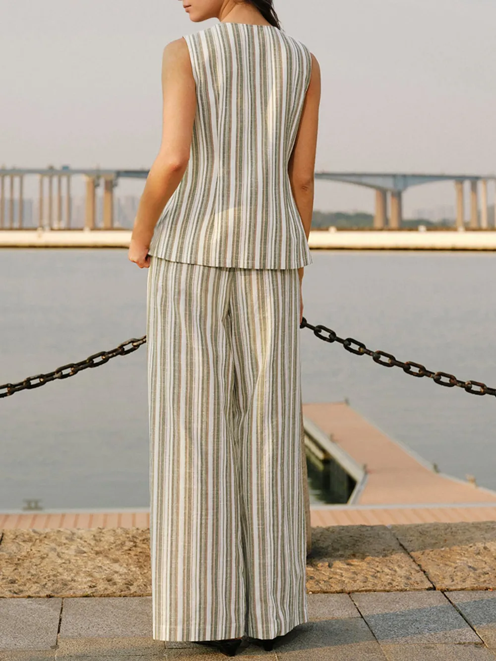 Striped Sleeveless V-Neck Top and Pants Two-Piece Set, image 2