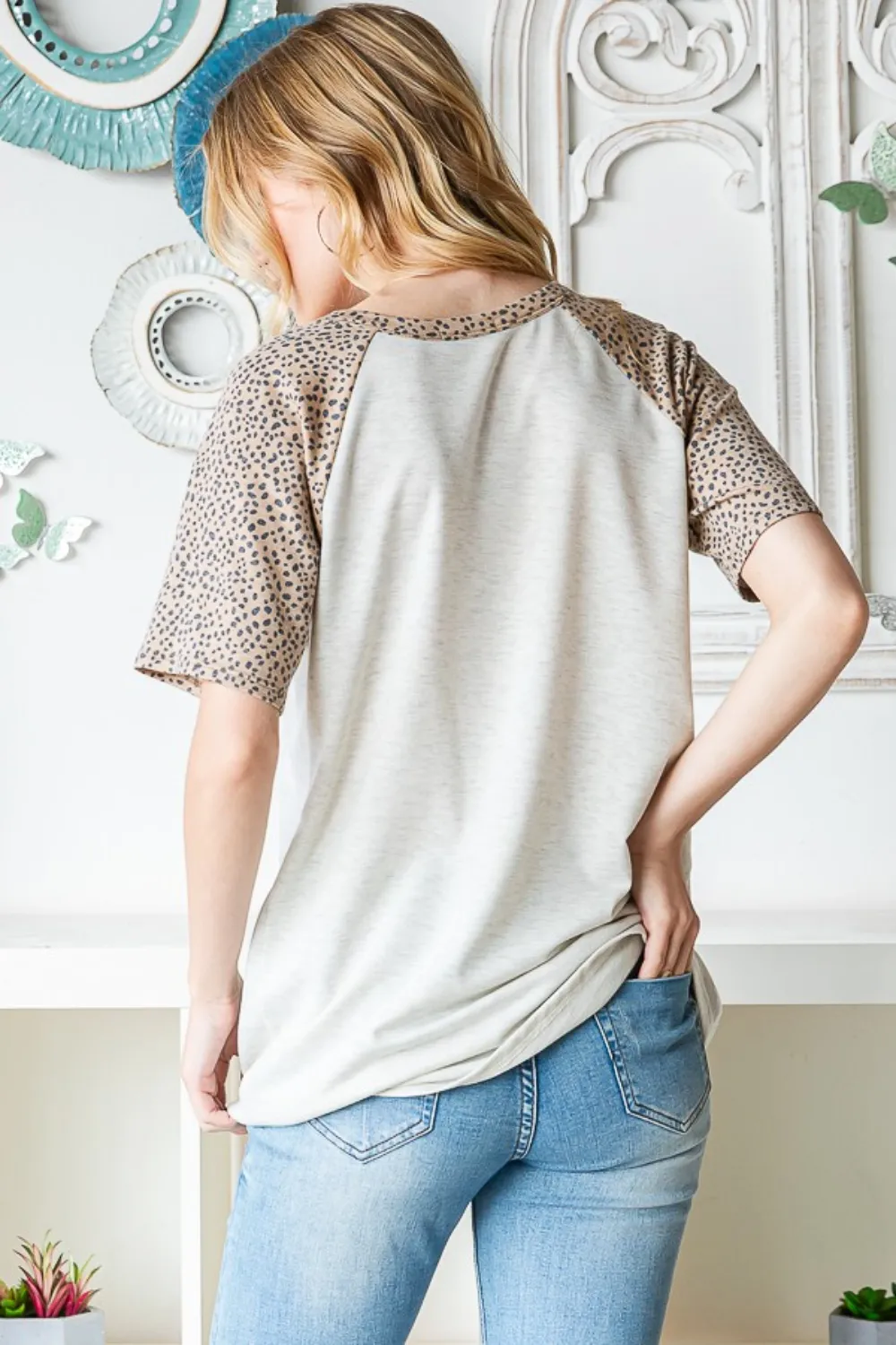 Full Size Animal Print Half Button Short Sleeve Top, image 2