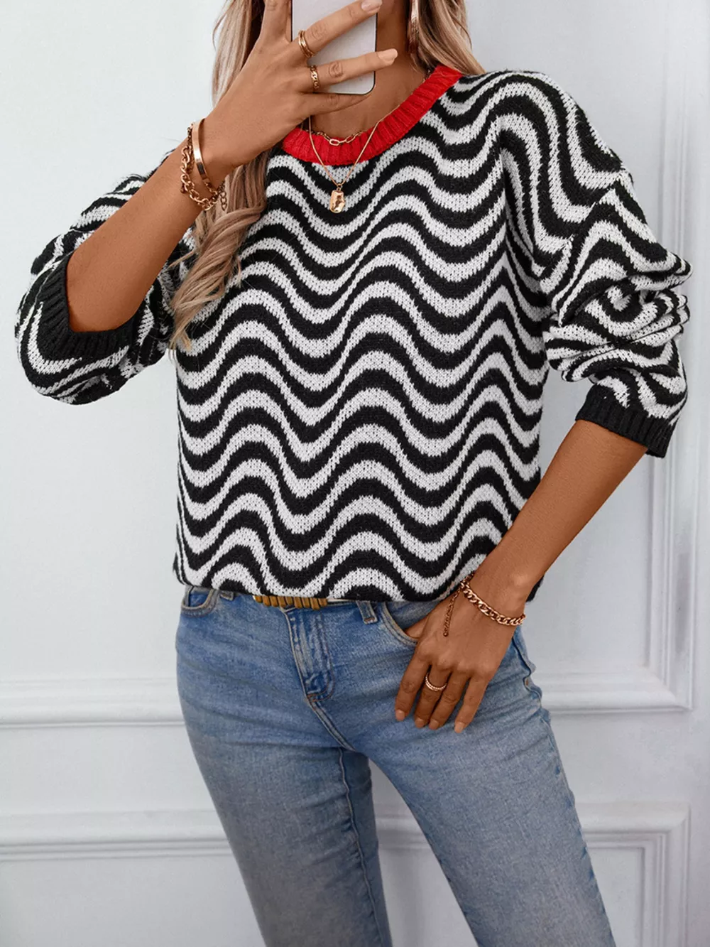 Wavy Striped Round Neck Sweater, image 12
