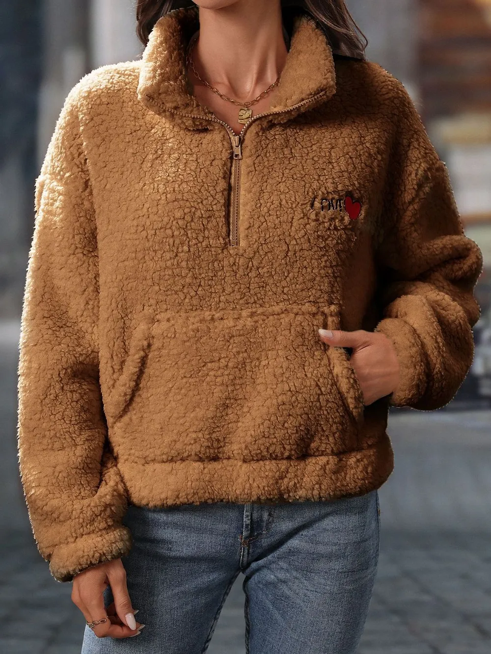 Heart Half Zip Long Sleeve Teddy Sweatshirt, image 7