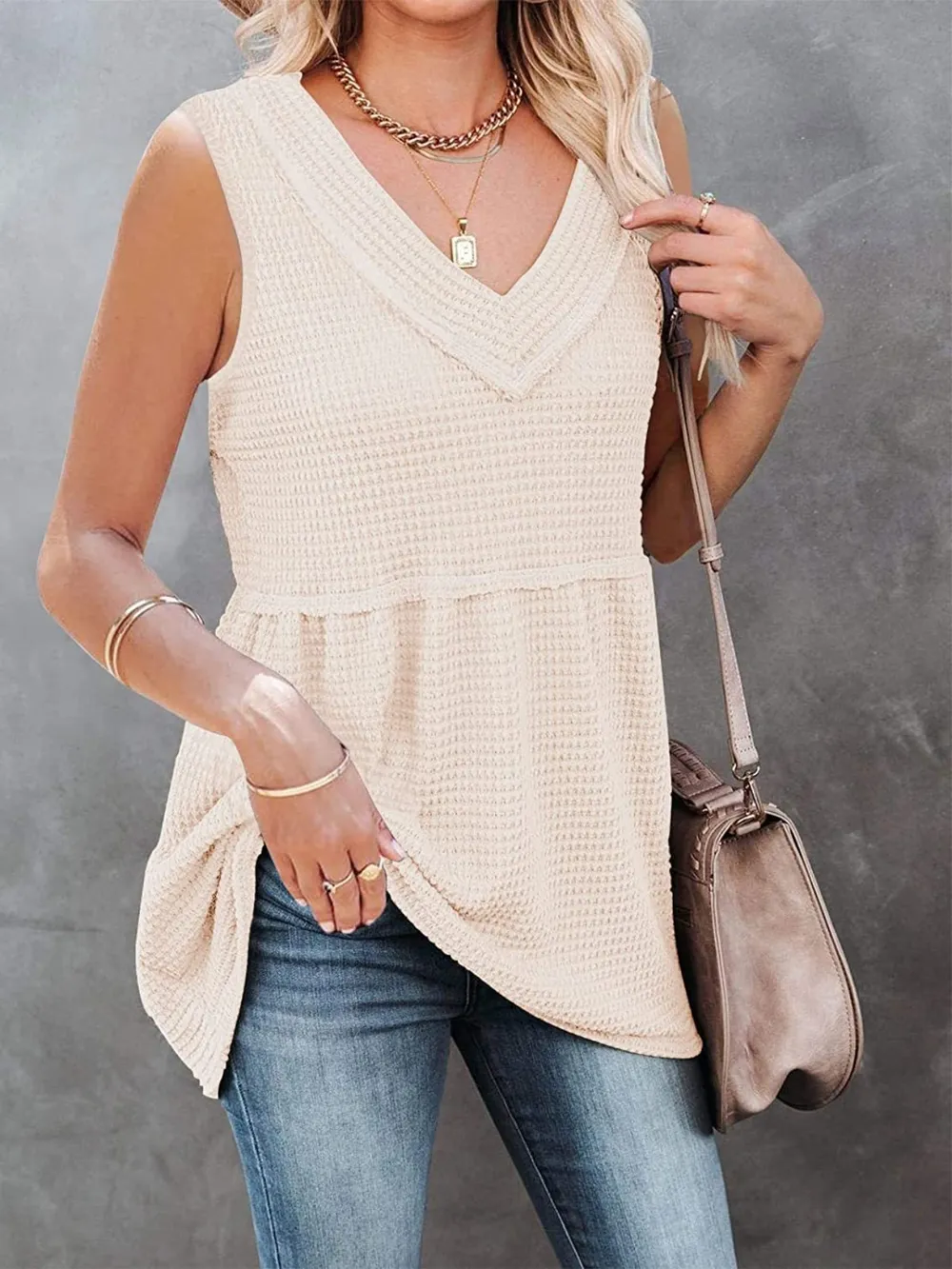 V-Neck Waffle Knit Tank Top with Contrast Stitching, image 14