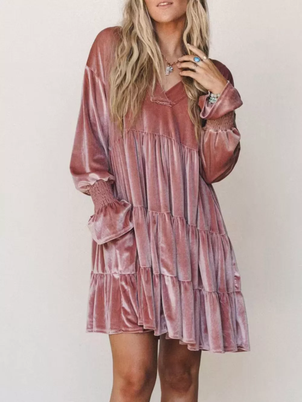 Velvet Tiered Mini Dress with Balloon Sleeves, image 5
