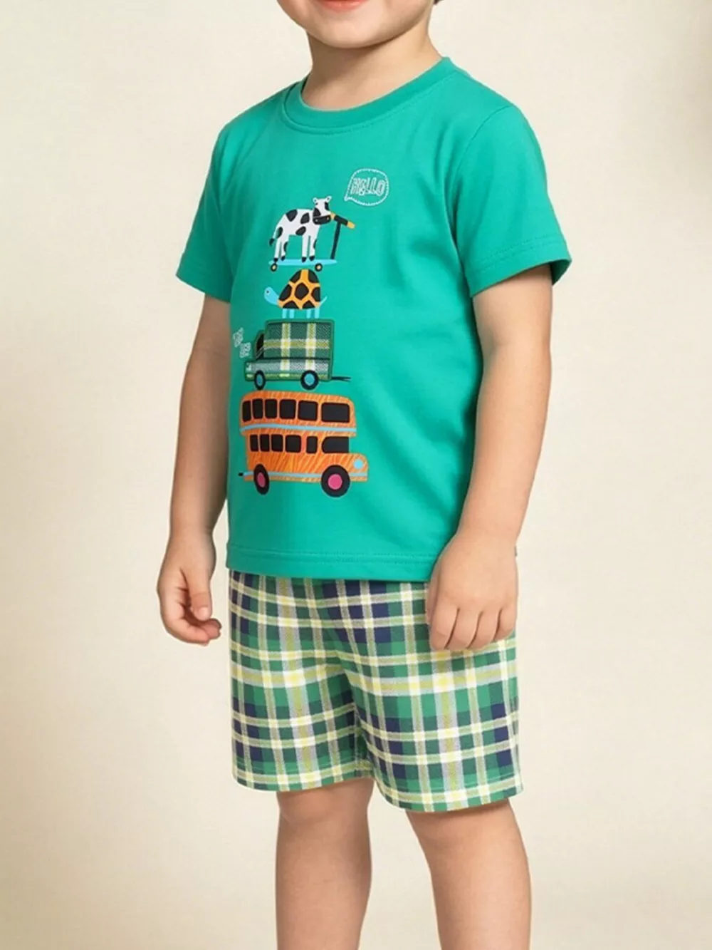 Children's Playful Vehicle Print T-shirt and Plaid Shorts Set
