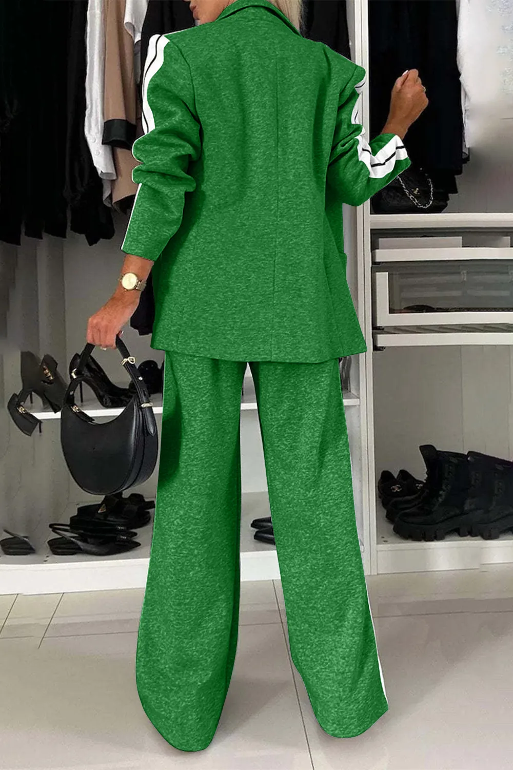 Full Size Contrast Lapel Collar Top and Pants Set, image 6