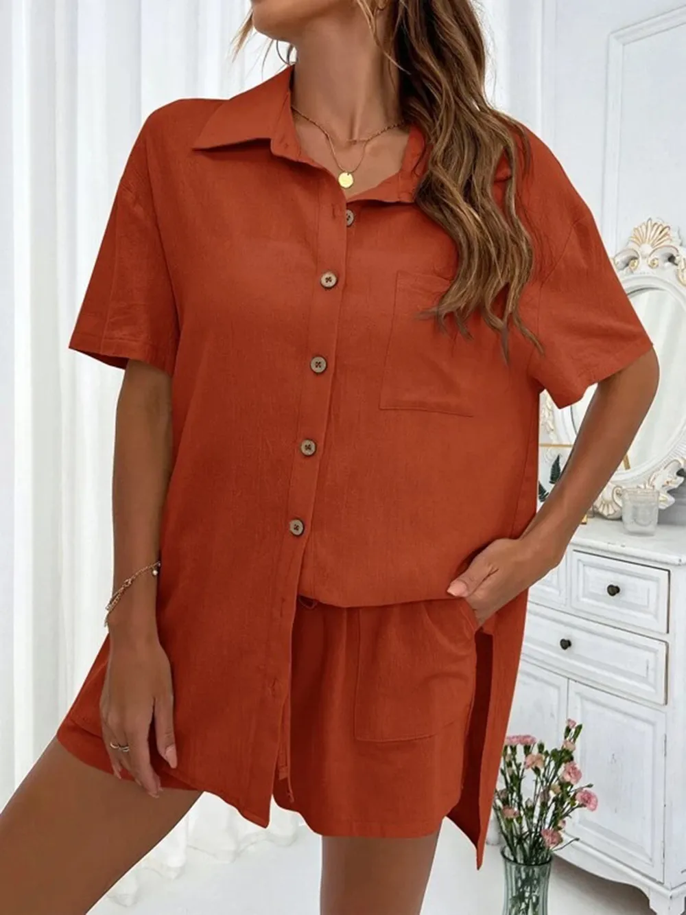 Button Up Shirt and Drawstring Shorts Set, image 8