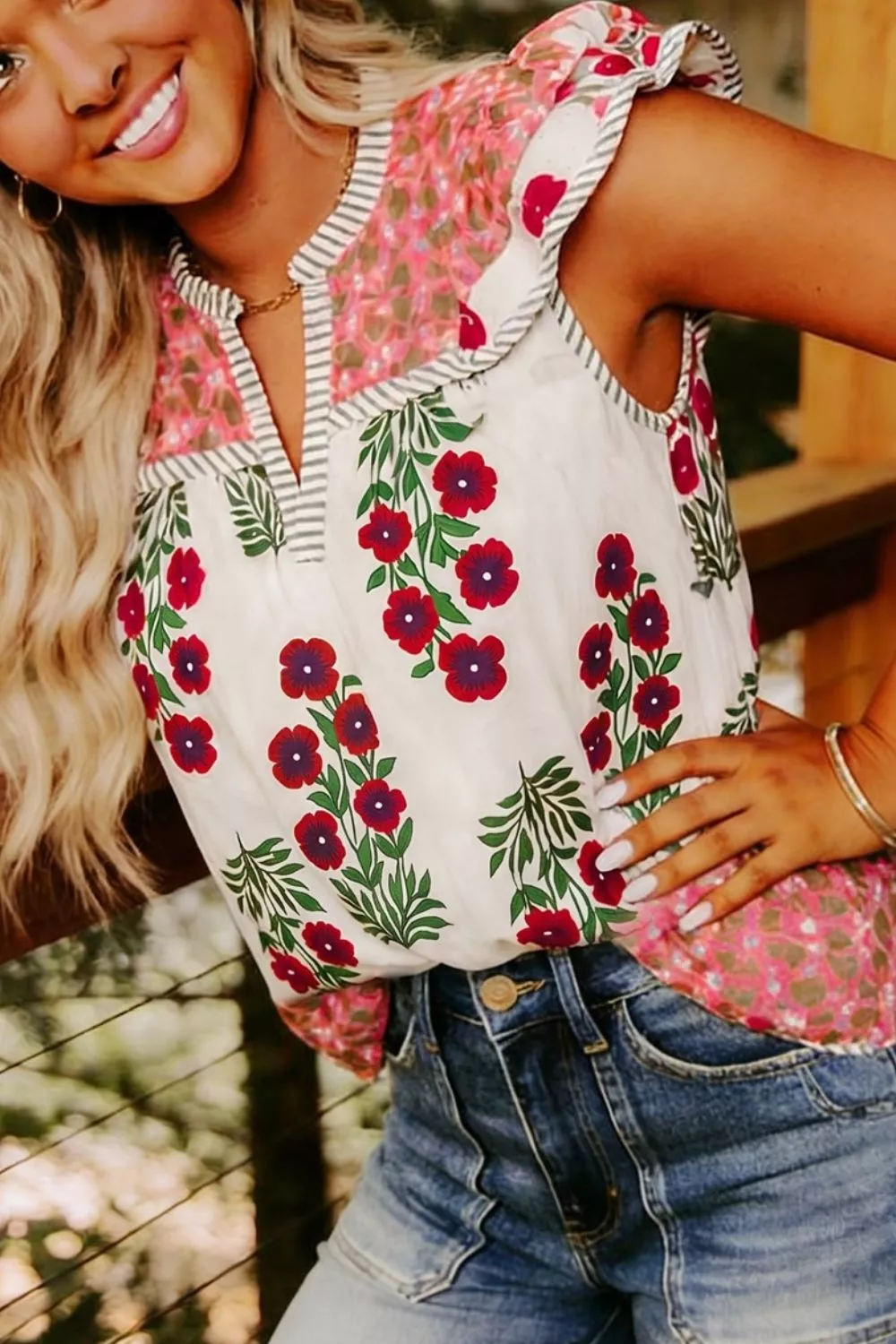 Floral Print Contrast Striped Trim Flutter Cotton Blouse, image 4