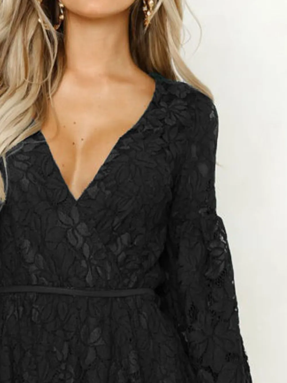 Lace V-Neck Long Sleeve Mini Dress, image 4
