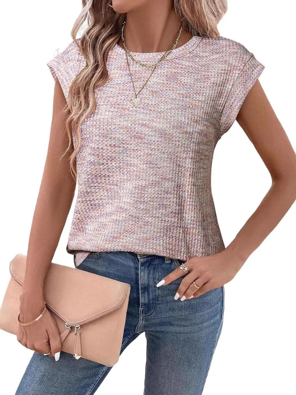 Round Neck Knit Cap Sleeve Top, image 4