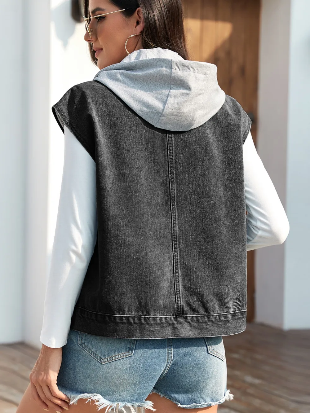 Drawstring Button Up Sleeveless Denim Jacket, image 3