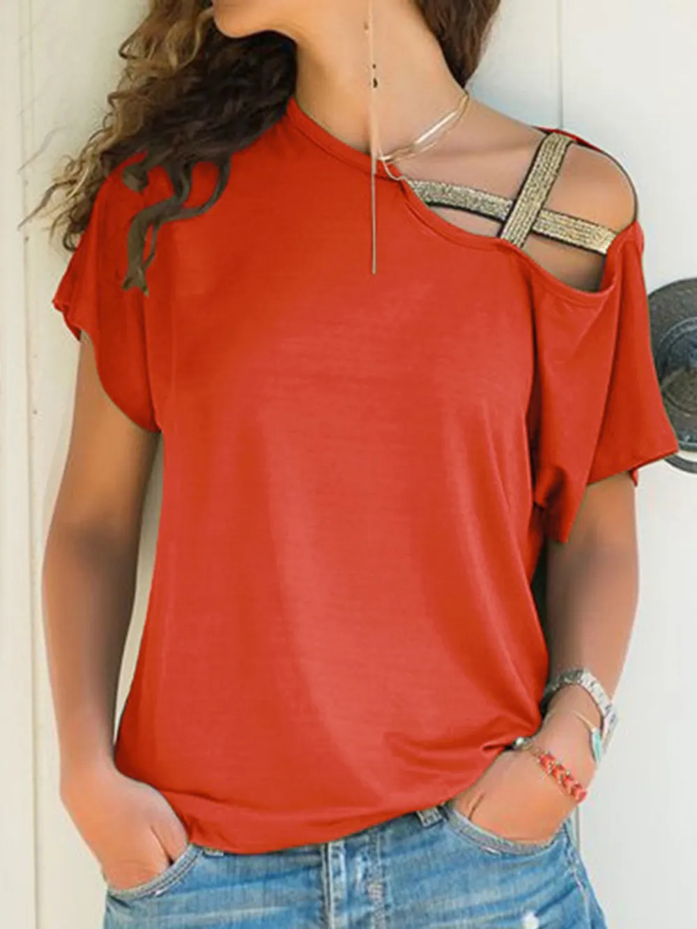 Asymmetrical Neck Short Sleeve T-Shirt, image 6