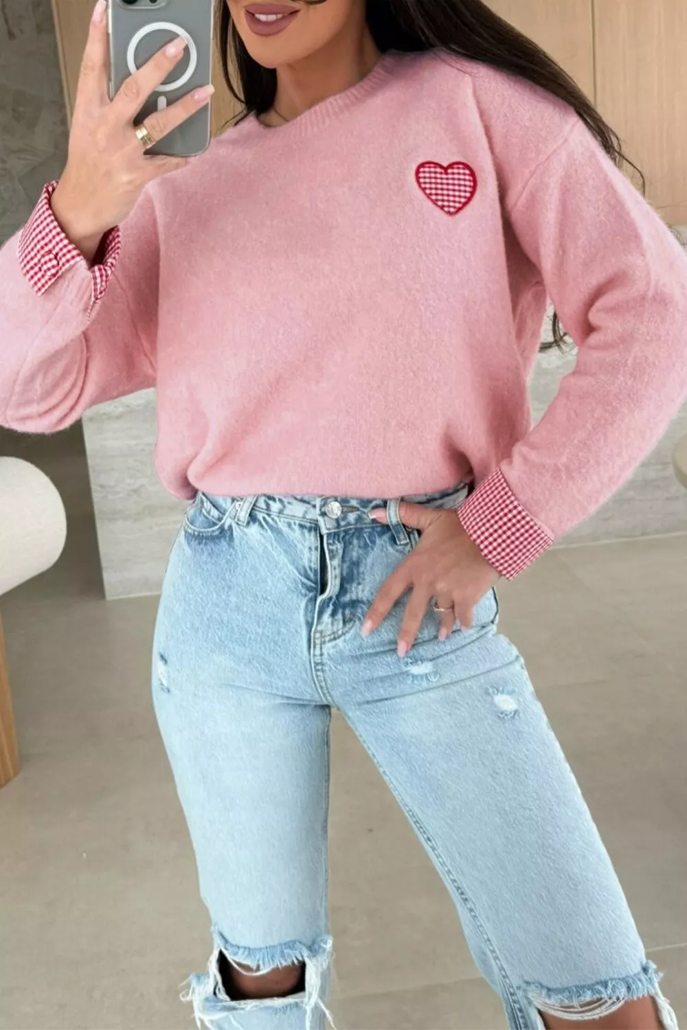 Plaid Heart Embroidered Cuffed Drop Shoulder Crew Neck Sweater, image 3