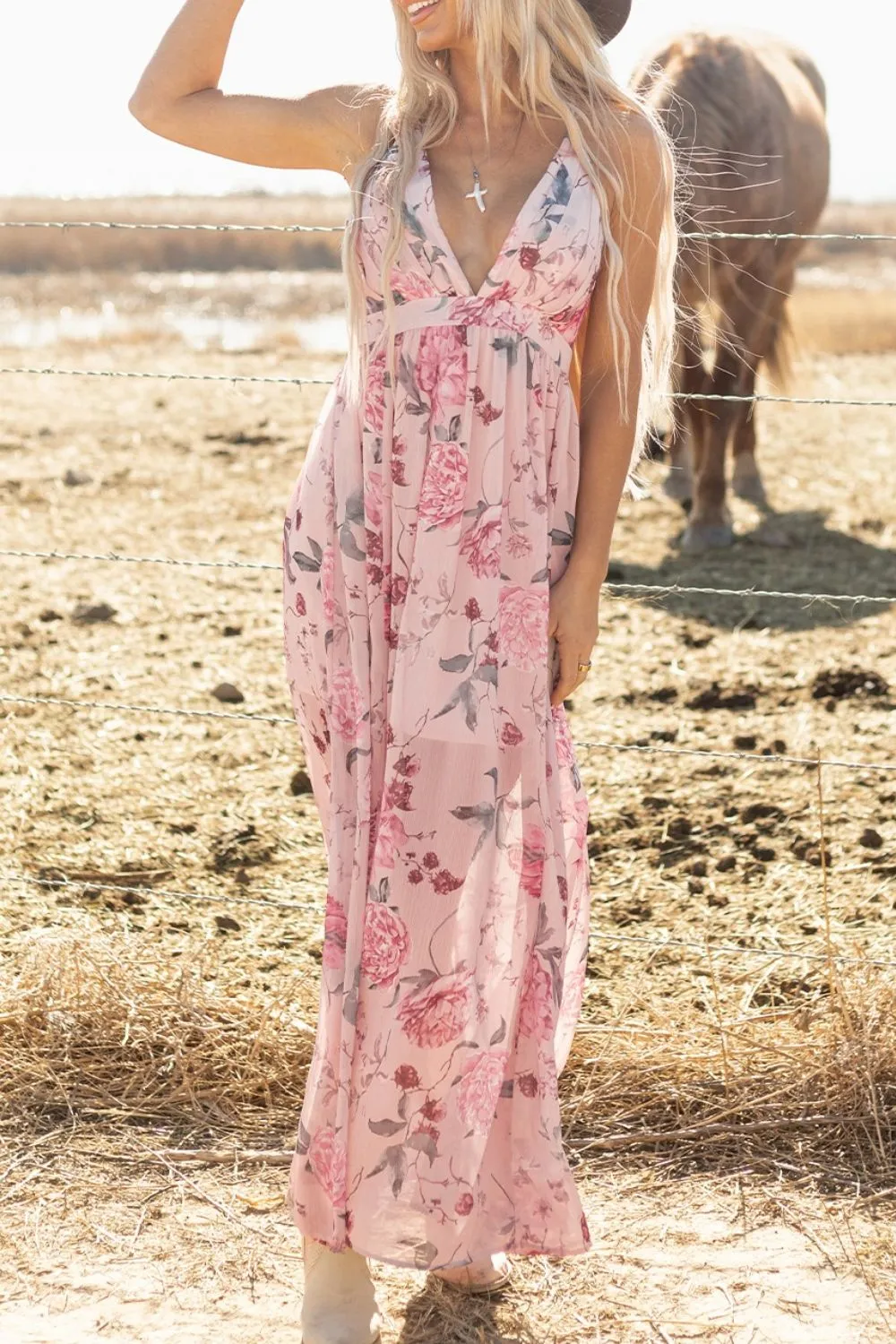 Floral Pleated Deep V Backless Maxi Dress, image 4
