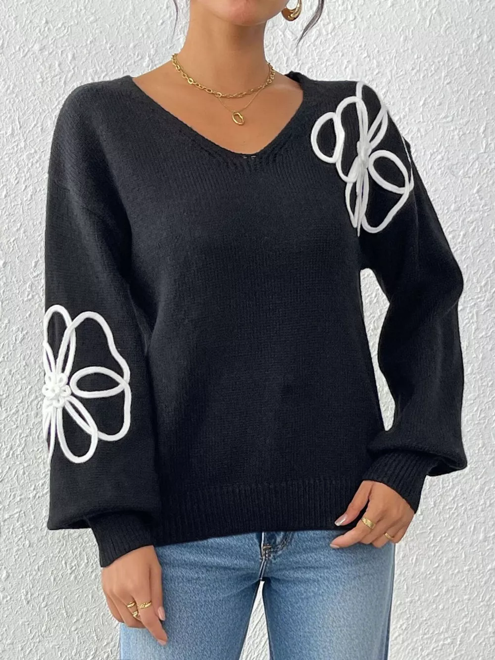 Flower V-Neck Dropped Shoulder Sweater, image 6