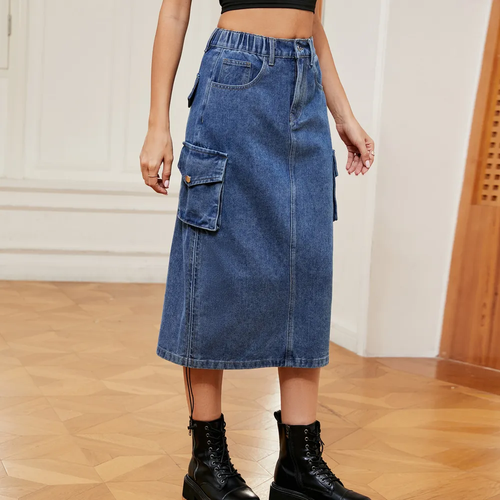 Drawstring Ruched Slit Denim Midi Skirt, image 2