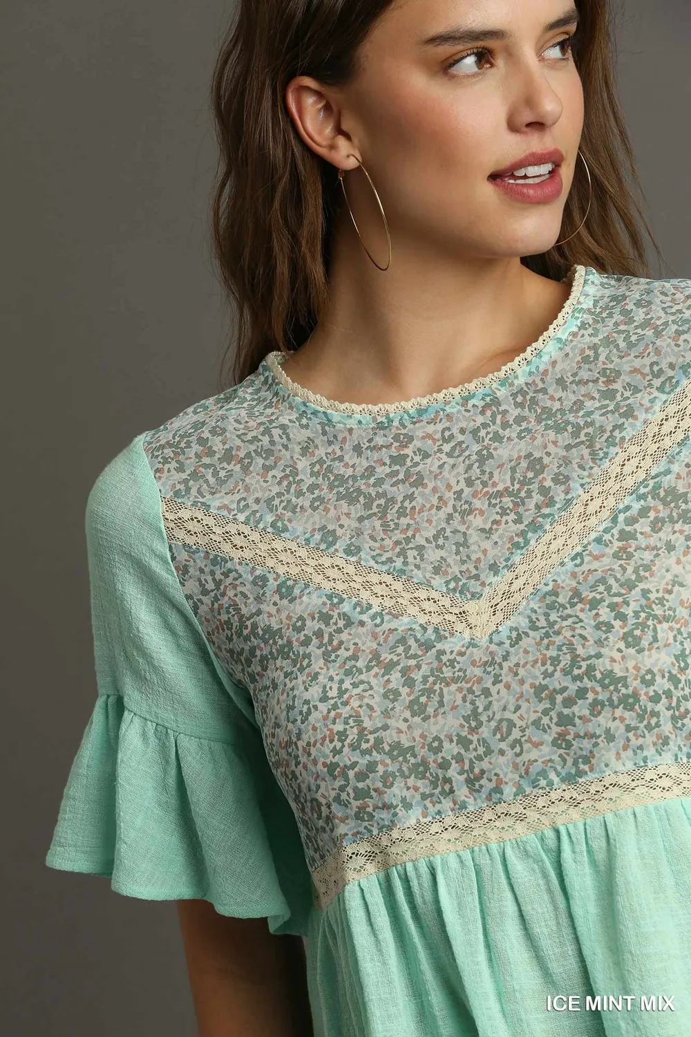 Floral Lace Trimmed Detail Half Sleeve Babydoll Top, image 5