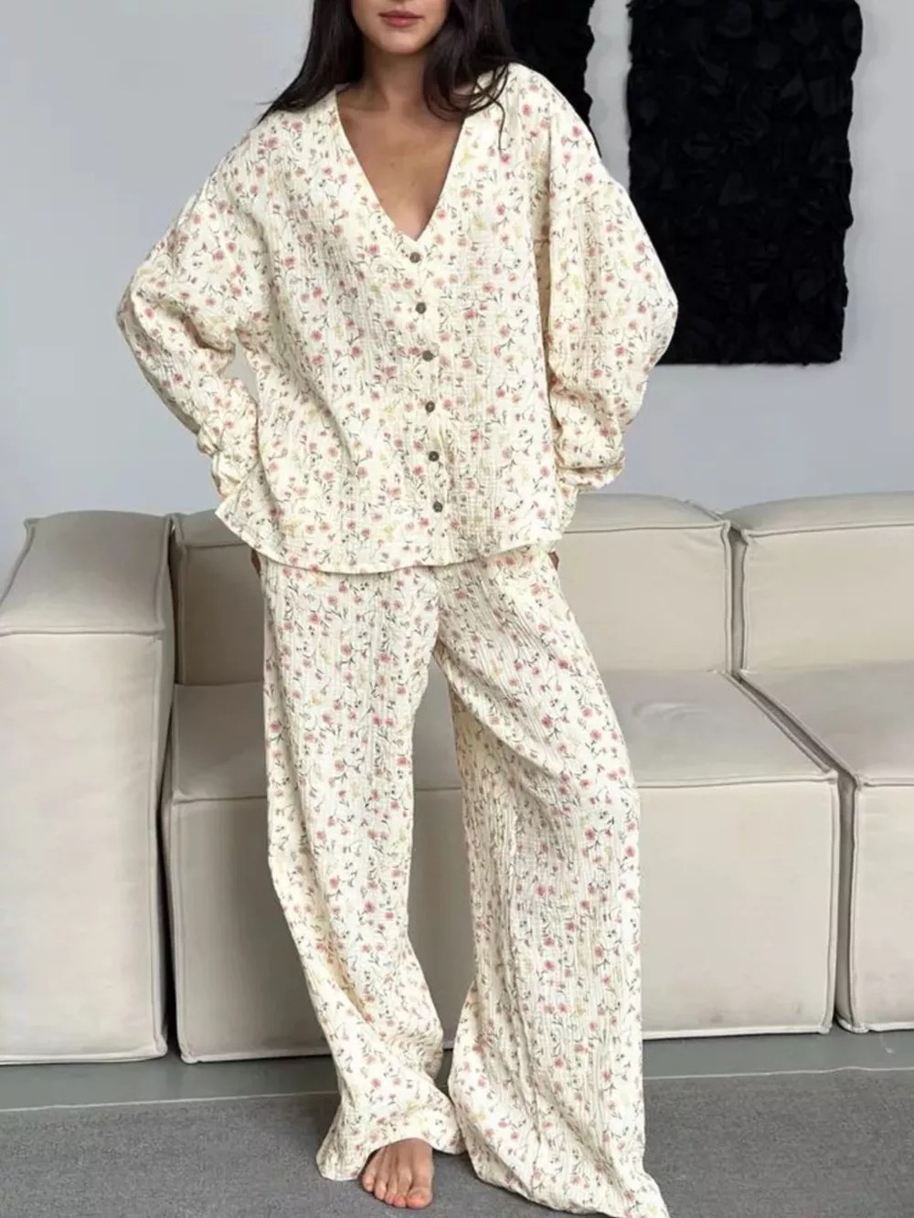 Floral Print Button-Down Top and Pants Lounge Set, image 3