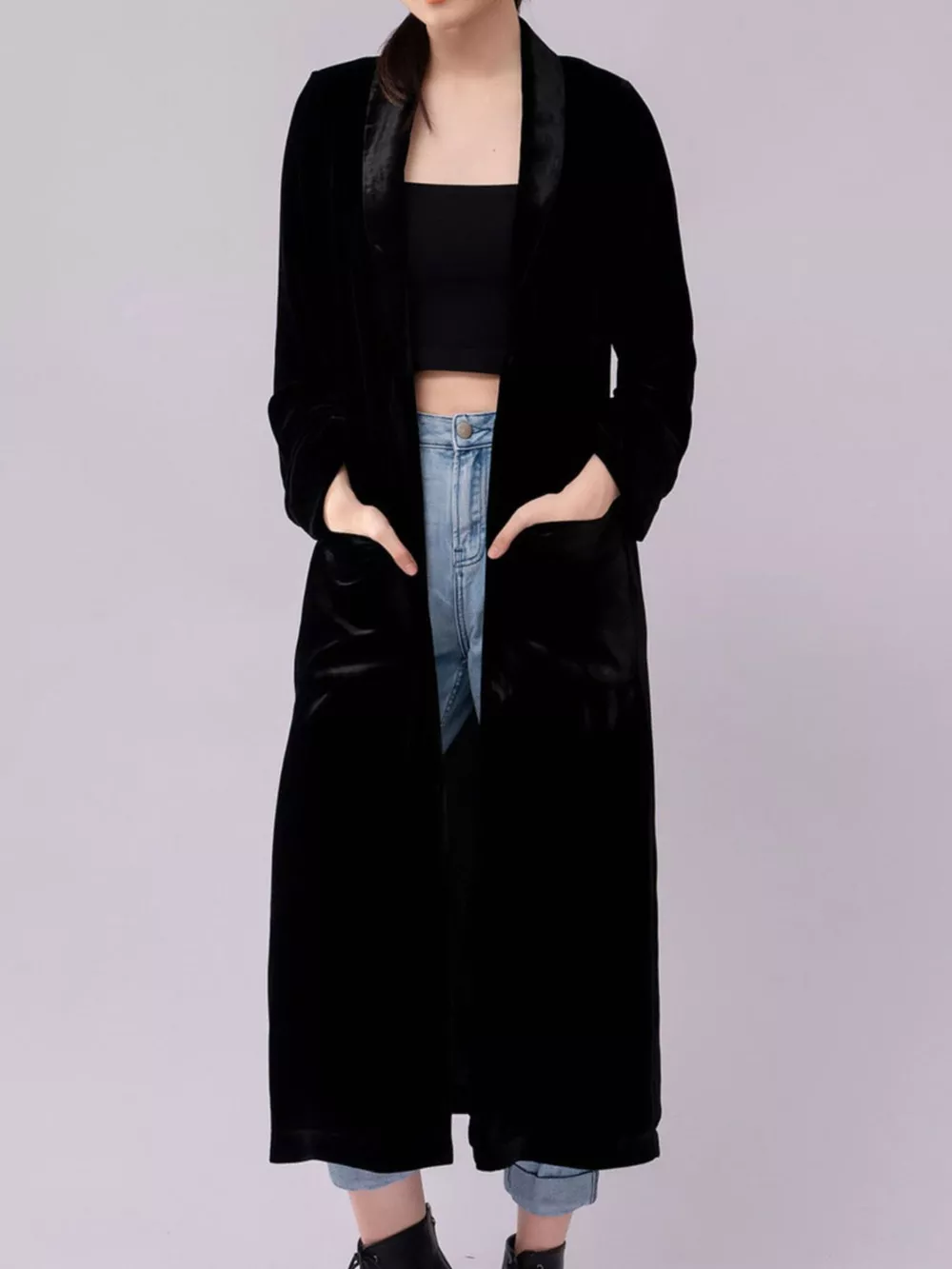 Velvet Lapel Collar Longline Coat, image 7