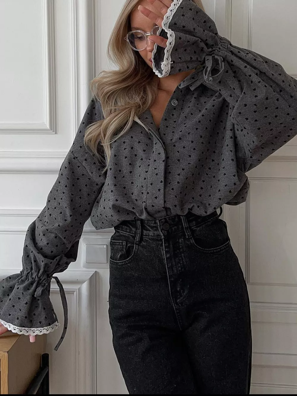 Heart Print Button Up Flounce Sleeve Shirt, image 4