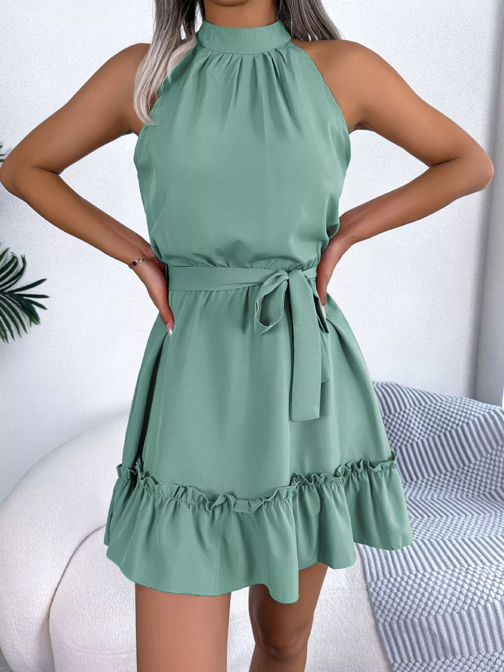 Halter Neck Ruffle Hem A-Line Dress, image 5