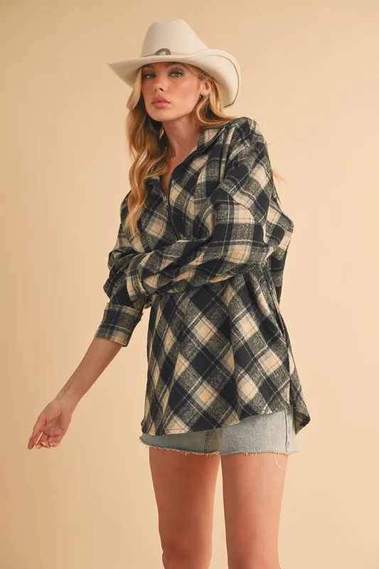 Slit Plaid Half Zip Drop Shoulder Top, image 2