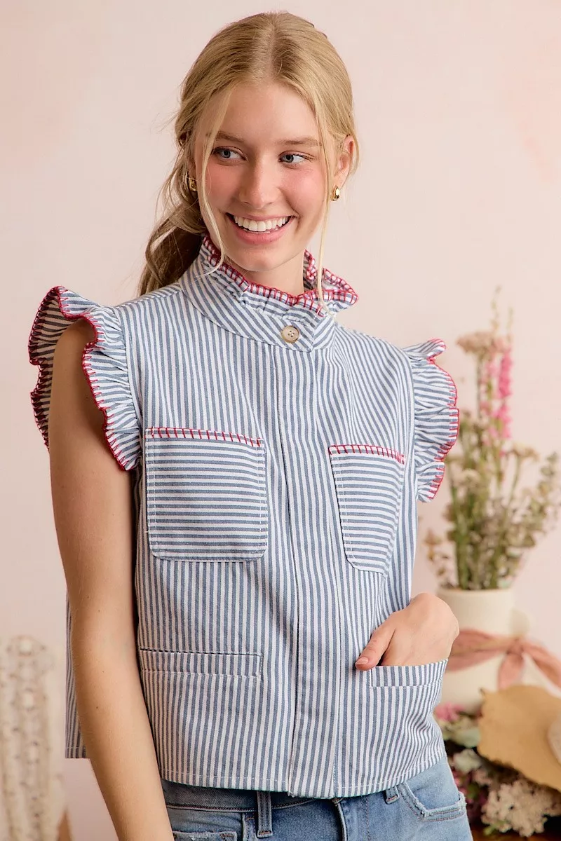 Stripe Twill Stitch Ruffled Hidden Button Vest Top, image 18