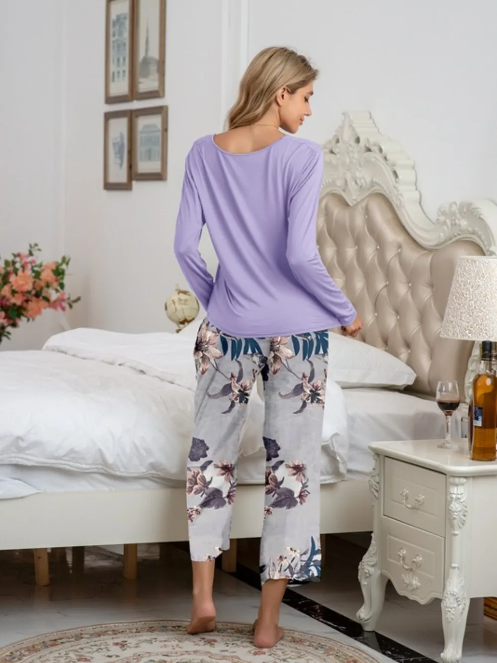 Round Neck Top and Printed Pants Lounge Set, image 12