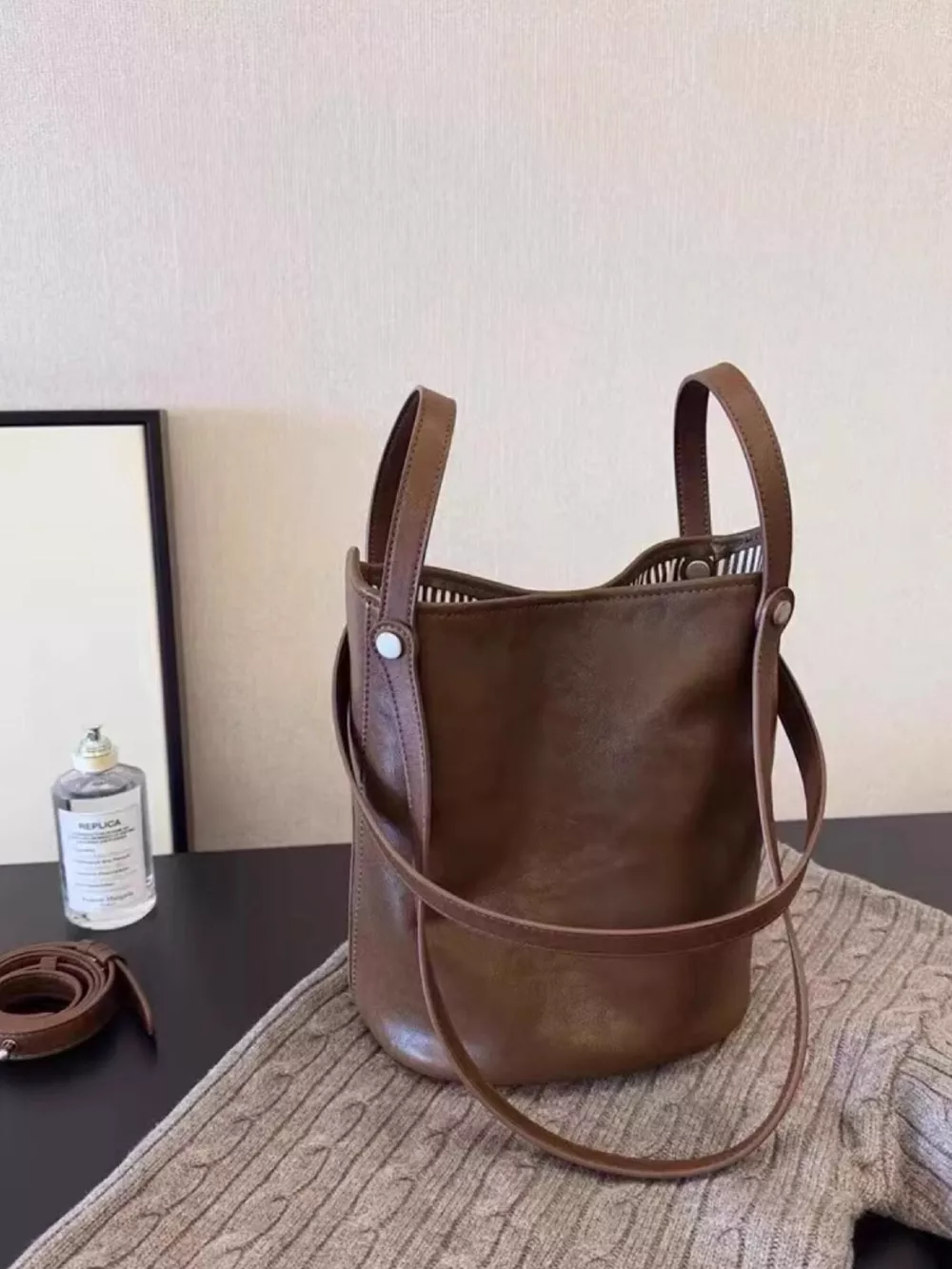 Leather Bucket Tote Bag, image 2
