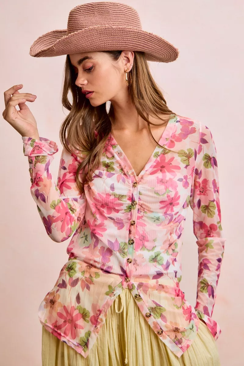 BiBi Floral Shrried Detail Button Up Mesh Cardigan Top, image 15