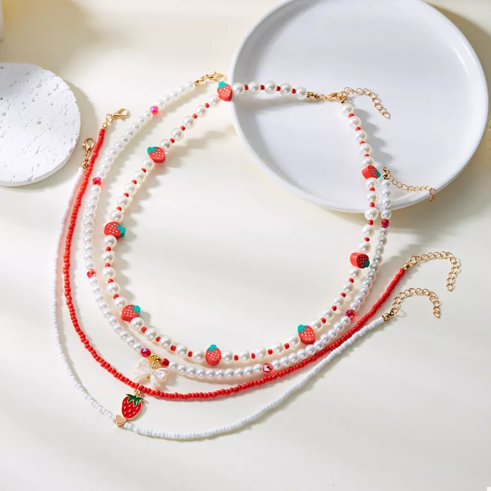 4 Piece Strawberry Pearl Beaded Necklace