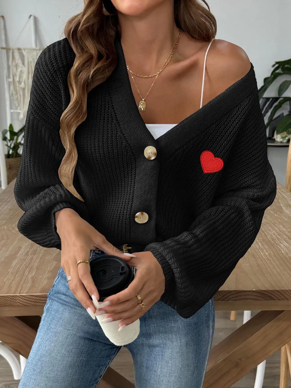 Heart Button Down V-Neck Long Sleeve Cardigan, image 3
