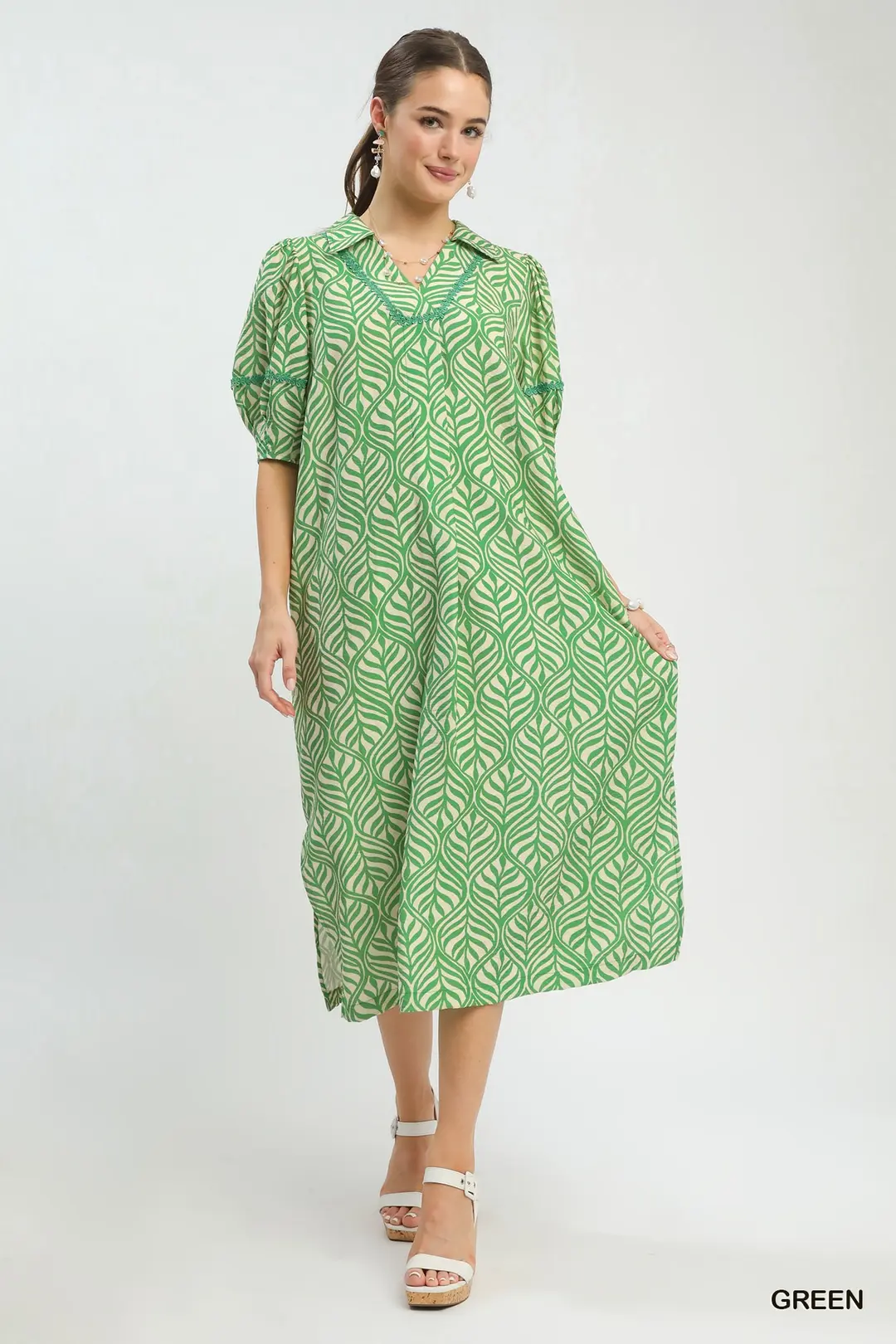Printed Puff Sleeve Midi Dress with Pockets