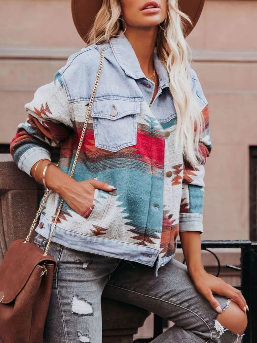 Geometric Print Denim Jacket, image 2